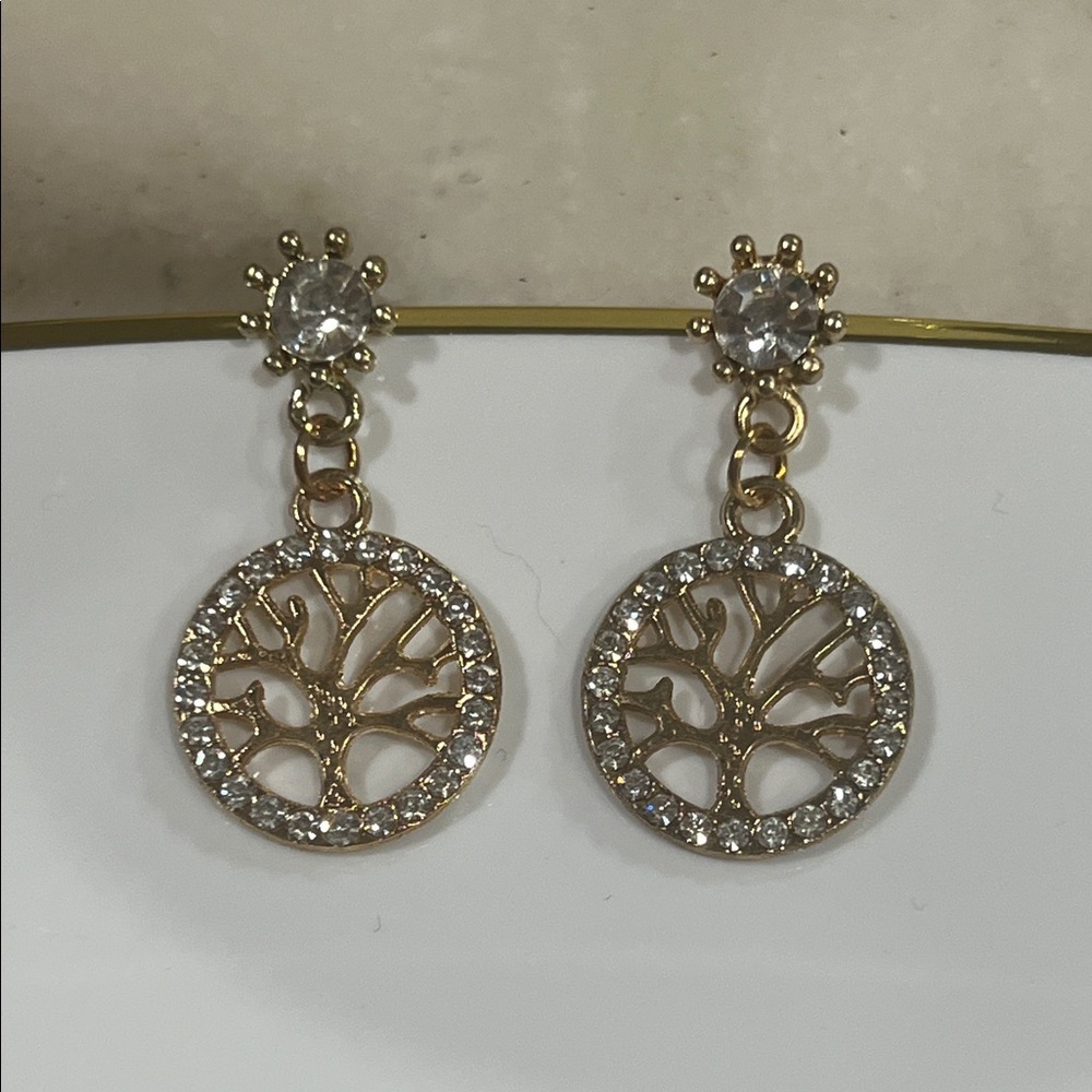 Artisan Gold and Rhinestone Tree of Life Earrings